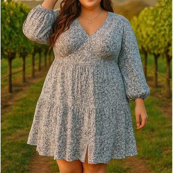 Old Navy dress long sleeve Blue Floral Pattern Peasant Top Elastic Top Tiered 2X - Picture 1 of 8